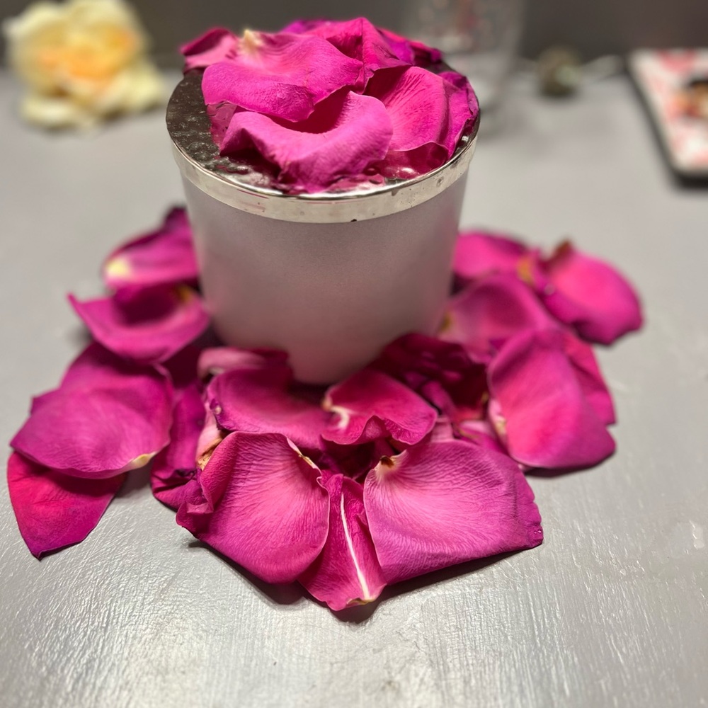 Silver Candle with Pink Rose Petals